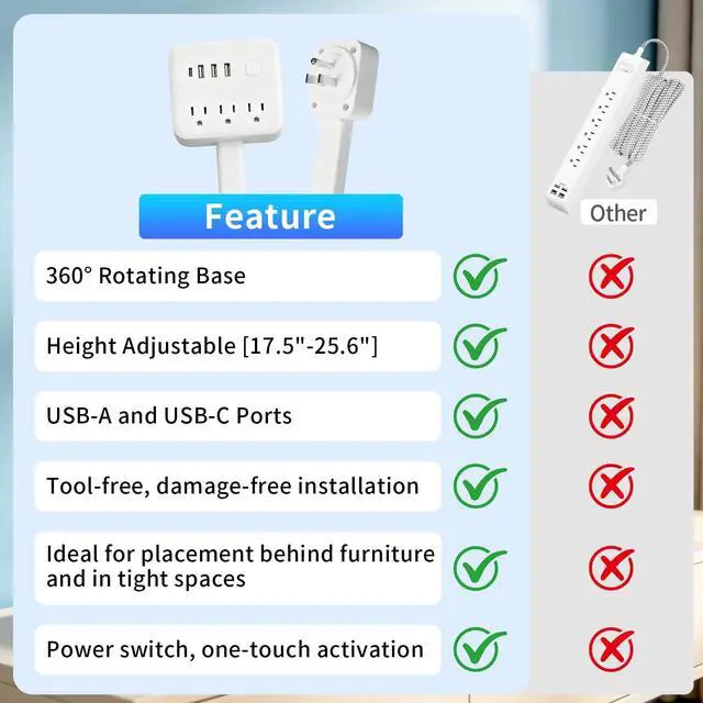 Alt view image 7 of 7 - 180° Rotating Outlet Extender Stick with 3 AC & 4 USB | Telescopic Extension, Behind Couch Space Saving, Surge Protector, 6-in-1 Multi Plug Wall Splitter Charging Station