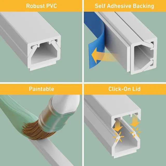 Alt view image 2 of 6 - 13.12ft Cable Raceway, Self Adhesive Cord Cover, Hide 1x Cord, Paintable - 4X 0.4in x 0.31in (H) x 39in Lengths - White