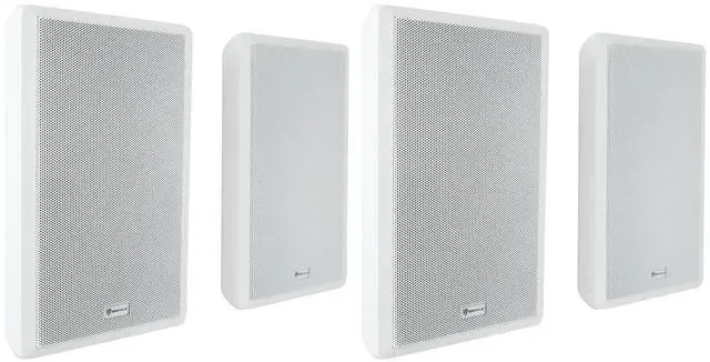 Main image of RockSlim 70W White 5.25" Commercial Restaurant Speakers, 4-Pack | 70V, 4W/8W Tap Settings, Easy Wall Mount, Slim Low-Profile, 0.5" Mylar Tweeter, 89 dB, Shielded Grill, Speaker Wire Included
