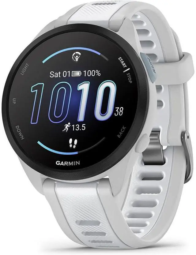 Alt view image 2 of 7 - 010-02863-21 Forerunner 165 Smart Sport Watch, Mist Gray + Whitestone | Official USA Partner Model | Bundle with Sport Towel + Deco Essentials Wearable Commuter Front and Rear Safety Light
