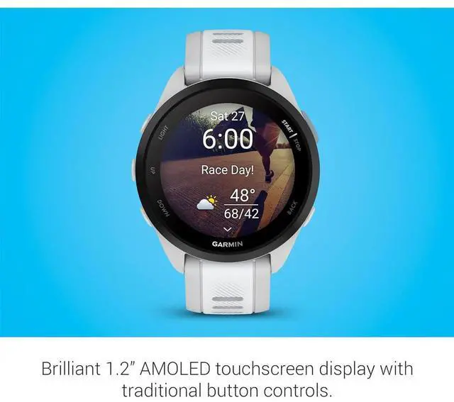 Alt view image 7 of 7 - 010-02863-21 Forerunner 165 Smart Sport Watch, Mist Gray + Whitestone | Official USA Partner Model | Bundle with Sport Towel + Deco Essentials Wearable Commuter Front and Rear Safety Light