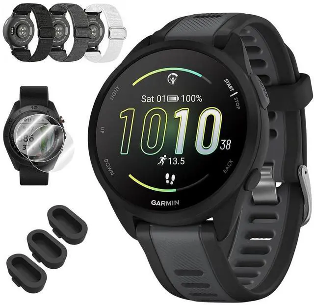 Main image of Forerunner 165 Smart Sport Watch, Black + Slate Gray 010-02863-20 Bundle with Deco Essentials 3X Nylon Elastic Bands, 3X Silicone Dust Cover and 2X Screen Protector