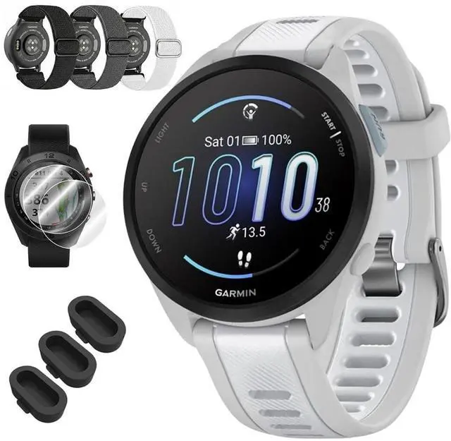 Main image of Forerunner 165 Smart Sport Watch, Mist Gray + Whitestone 010-02863-21 Bundle with Deco Essentials 3X Nylon Elastic Bands, 3X Silicone Dust Cover and 2X Screen Protector