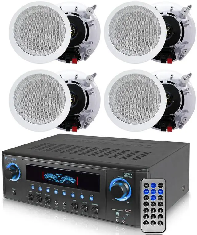 Main image of Home Theater System Kit with 1000 Watts 4-Chanel Bluetooth Receiver | 4 Qty 6.5" 200 Watts in-Wall in-Ceiling Speakers of 2-Way Stereo Sound with Woofer/Tweeter, Flush Design by