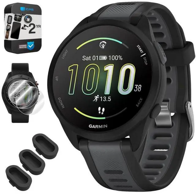 Main image of 010-02863-20 Forerunner 165 Smart Sport Watch, Black + Slate Gray Bundle with Silicone Dust Cover 3 Pack, 2X 1.2 Inch Screen Protector and 2 YR CPS Enhanced Protection Pack