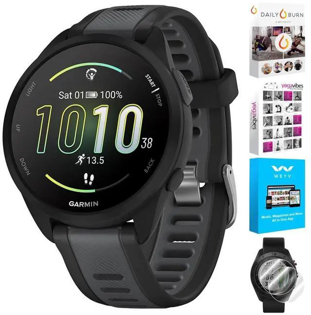 Main image of 010-02863-20 Forerunner 165 Smart Sport Watch, Black + Slate Gray | Official USA Partner Model | Bundle with Deco Essentials 2-Pack Screen Protector and Tech Smart USA Fitness & Wellness Suite
