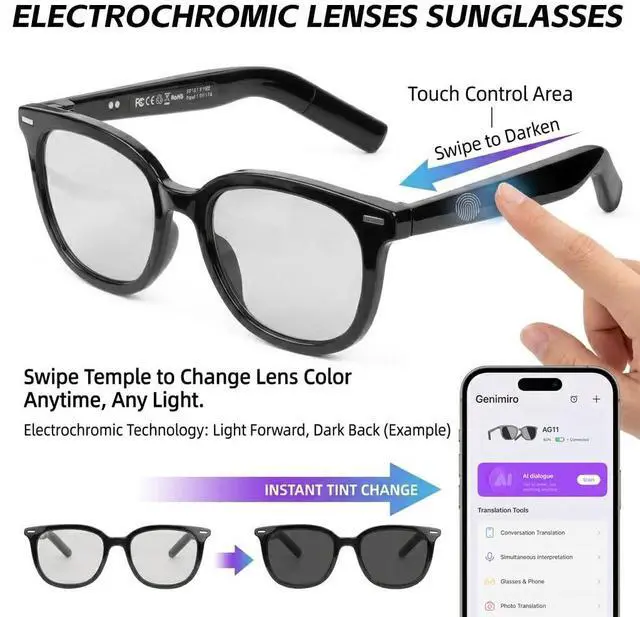 Alt view image 2 of 6 - AI Smart Glasses with Color Changing Sunglasses for Men Women | Tap Control Electrochromic Lenses, Without Camera with Privacy, Voice Translator & Hands-Free Call for Driving Meeting Travel