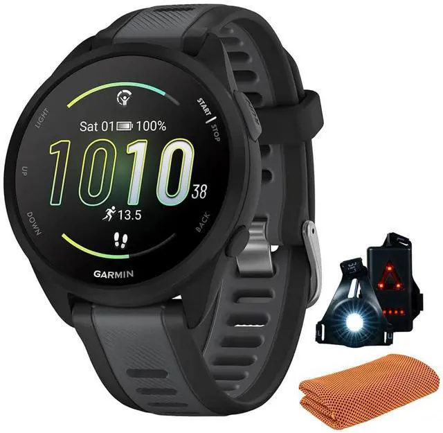 Main image of 010-02863-20 Forerunner 165 Smart Sport Watch, Black + Slate Gray | Official USA Partner Model | Bundle with Sport Towel + Deco Essentials Wearable Commuter Front & Rear Safety Light