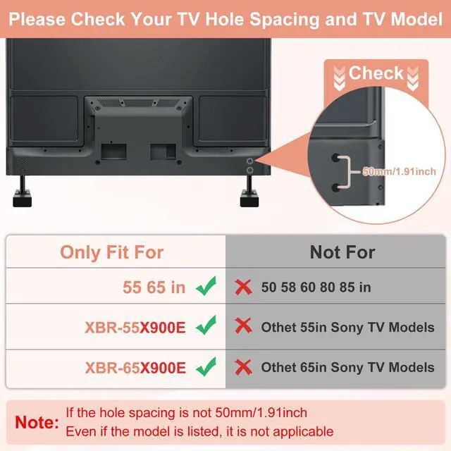 Alt view image 2 of 7 - (Upgraded Version) Metal TV Stand Base Legs for Sony TV for XBR-55X900E XBR-65X900E TV Model, Only Fit for TV Hole Distance of 50 mm/1.97 inch Center-to-Center, Please Measure The Hole Spacing, Black