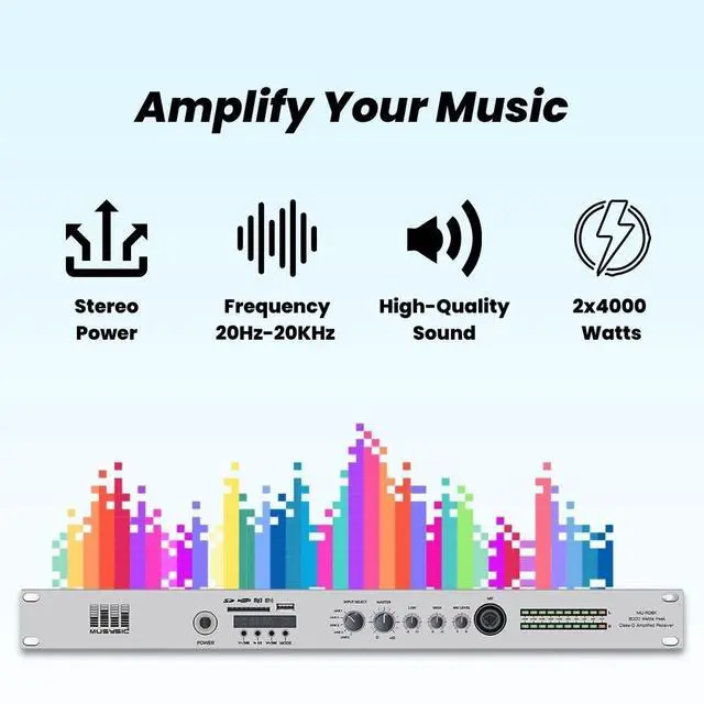 Alt view image 2 of 6 - Professional 8000W Amplified Pre-Amplifier Receiver, 8000W Peak, | Stereo/Bridge Mode, Built-in Bluetooth/USB/SD Media Player, Mic Input, 1U Rack Mount for DJ, Live Sound, Church, Party & PA