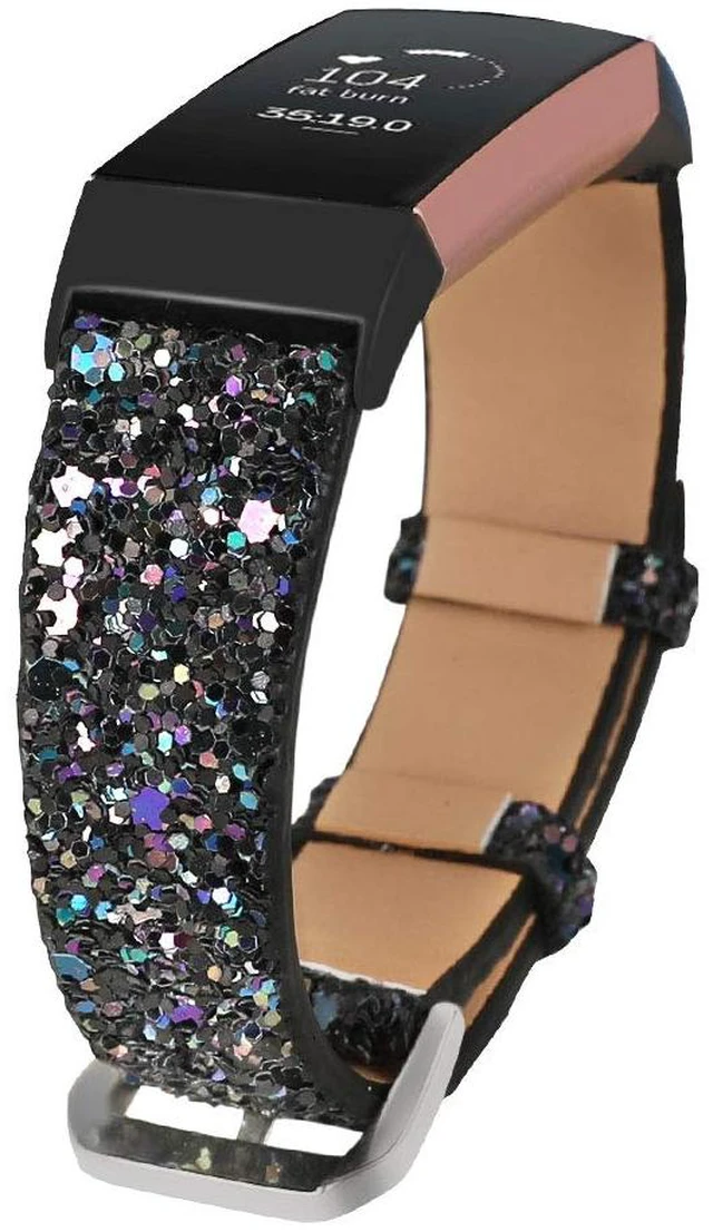 Main image of Bling Bands Compatible with Fitbit Charge 4/Charge 3/Charge 3 SE Band, Women Strap Shiny Glitter Leather Replacement Bands Compatible with Fitbit Charge 3/Charge 4 Fitness Tracker Wristbands