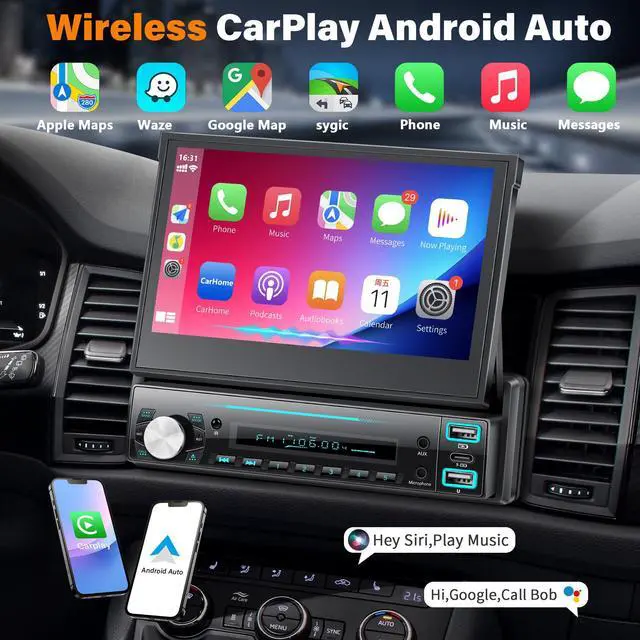 Alt view image 2 of 7 - 7" Flip Touchscreen Car Stereo with Wireless Carplay & Android Auto | Bluetooth, Mirror Link, Backup Camera Ready, FM, Type-C Fast Charge, USB, AUX-in, Fits Single DIN Dash