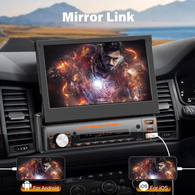 Alt view image 3 of 7 - 7" Flip Touchscreen Car Stereo with Wireless Carplay & Android Auto | Bluetooth, Mirror Link, Backup Camera Ready, FM, Type-C Fast Charge, USB, AUX-in, Fits Single DIN Dash
