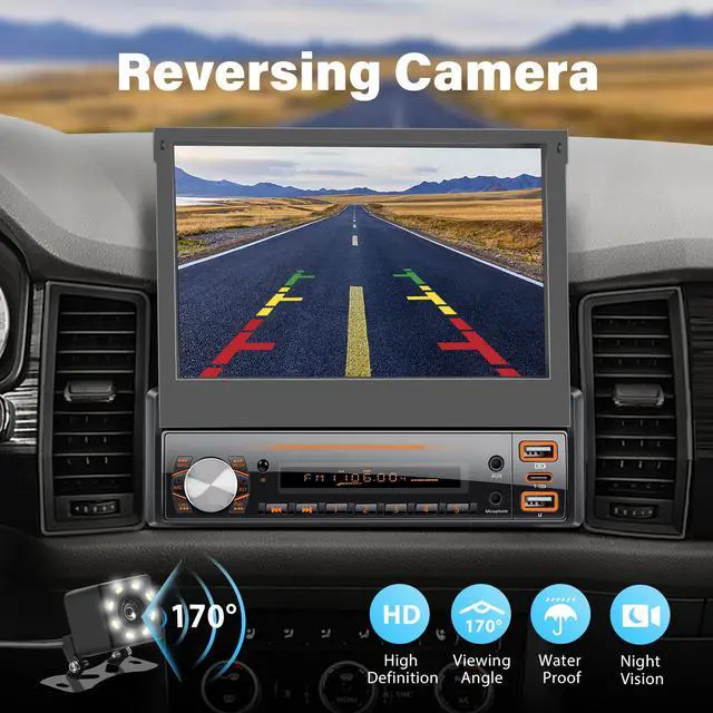 Alt view image 4 of 7 - 7" Flip Touchscreen Car Stereo with Wireless Carplay & Android Auto | Bluetooth, Mirror Link, Backup Camera Ready, FM, Type-C Fast Charge, USB, AUX-in, Fits Single DIN Dash