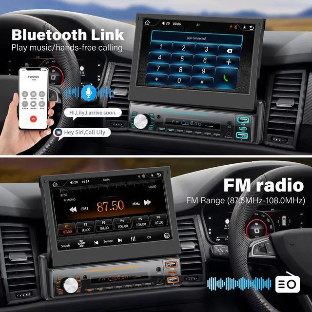 Alt view image 5 of 7 - 7" Flip Touchscreen Car Stereo with Wireless Carplay & Android Auto | Bluetooth, Mirror Link, Backup Camera Ready, FM, Type-C Fast Charge, USB, AUX-in, Fits Single DIN Dash