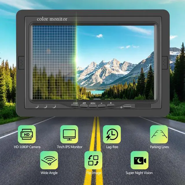 Alt view image 2 of 7 - 7" 2-Channel Truck Backup Camera Monitor kit No Lag Waterproof Induction Night Vision Reverse Camera + IPS Screen Rear View Monitor Vehicle Parking System for RV Bus Trailer Truck (49ft Video Cable)