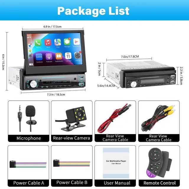 Alt view image 7 of 7 - 7" Flip Touchscreen Car Stereo with Wireless Carplay & Android Auto | Bluetooth, Mirror Link, Backup Camera Ready, FM, Type-C Fast Charge, USB, AUX-in, Fits Single DIN Dash