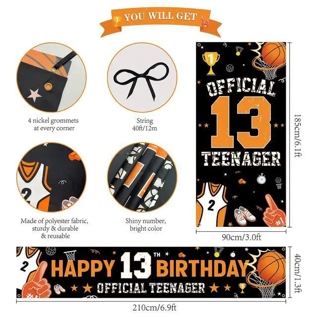 Alt view image 2 of 6 - 13th Birthday Decorations Kit, Happy 13th Birthday Decoration for Boys, Official Teenager 13 Year Old Birthday Party Door Backdrop Banner Yard Sign Photo Props, Basketball Theme, Fabric