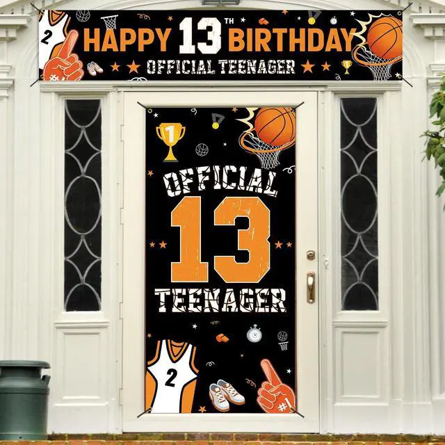 Main image of 13th Birthday Decorations Kit, Happy 13th Birthday Decoration for Boys, Official Teenager 13 Year Old Birthday Party Door Backdrop Banner Yard Sign Photo Props, Basketball Theme, Fabric