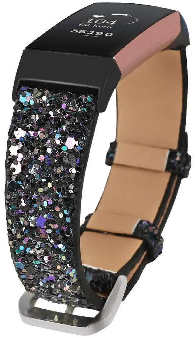 Main image of Bling Bands Compatible with Fitbit Charge 4/Charge 3/Charge 3 SE Band, Women Strap Shiny Glitter Leather Replacement Bands Compatible with Fitbit Charge 3/Charge 4 Fitness Tracker Wristbands