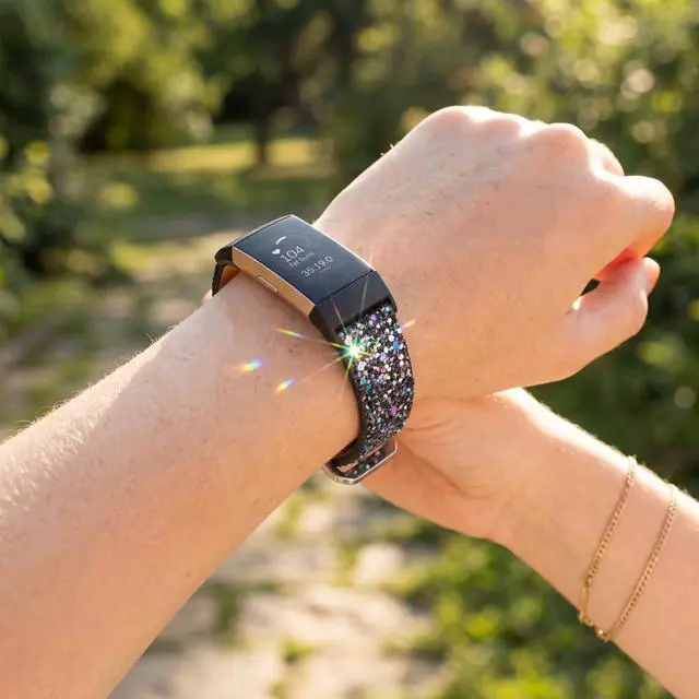 Alt view image 4 of 6 - Bling Bands Compatible with Fitbit Charge 4/Charge 3/Charge 3 SE Band, Women Strap Shiny Glitter Leather Replacement Bands Compatible with Fitbit Charge 3/Charge 4 Fitness Tracker Wristbands