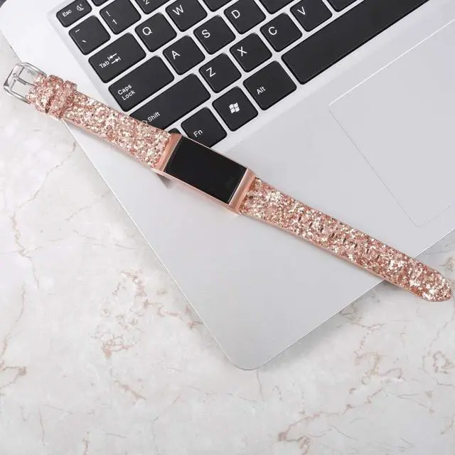 Alt view image 3 of 6 - Bling Bands Compatible with Fitbit Charge 4/Charge 3/Charge 3 SE Band, Women Strap Shiny Glitter Leather Replacement Bands Compatible with Fitbit Charge 3/Charge 4 Fitness Tracker Wristbands