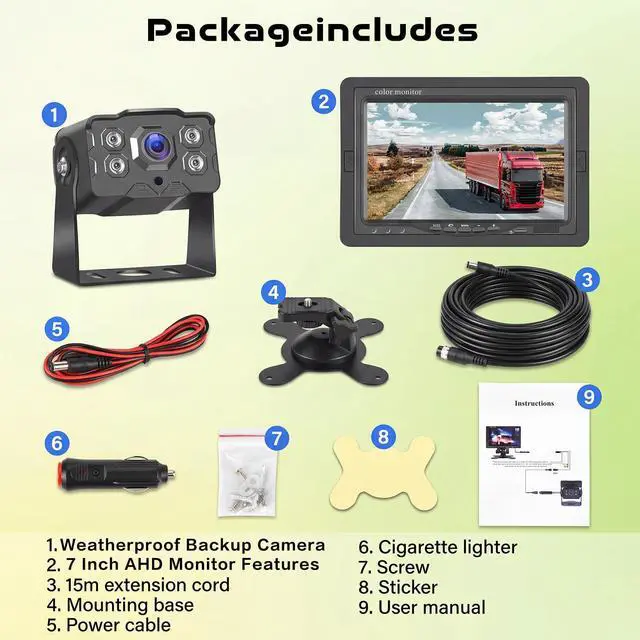 Alt view image 6 of 7 - 7" 2-Channel Truck Backup Camera Monitor kit No Lag Waterproof Induction Night Vision Reverse Camera + IPS Screen Rear View Monitor Vehicle Parking System for RV Bus Trailer Truck (49ft Video Cable)