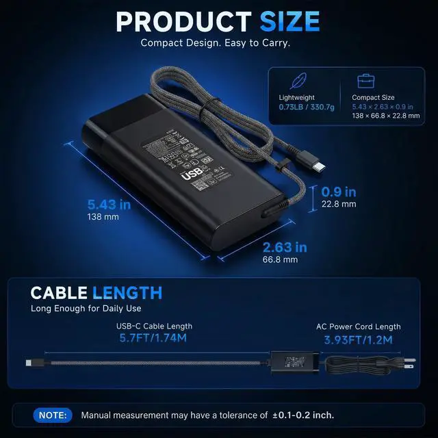 Alt view image 3 of 7 - 140W Laptop Charger Compatible with HP OMEN Transcend 14 14-FB0000 14-FB0097NR 14-FB1047NR RTX 4050 4060 Spectre X360 16-AA0023DX N22270-001 TPN-LA29 USB-C Tip 28V/5A Power Adapter