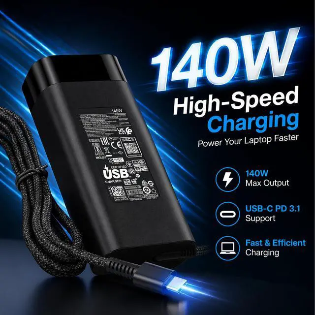 Alt view image 6 of 7 - 140W Laptop Charger Compatible with HP OMEN Transcend 14 14-FB0000 14-FB0097NR 14-FB1047NR RTX 4050 4060 Spectre X360 16-AA0023DX N22270-001 TPN-LA29 USB-C Tip 28V/5A Power Adapter