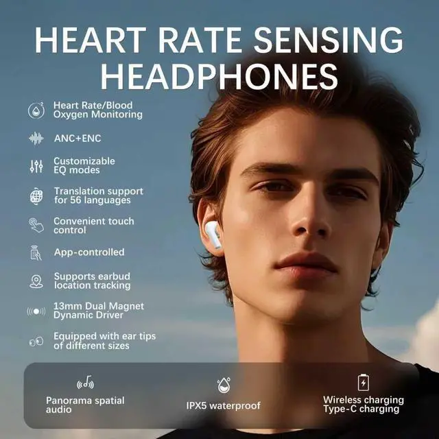 Alt view image 2 of 7 - Wireless Earbuds, ANC+ENC, Heart Rate Monitoring, IPX6 | Pro3 real-time translation, immersive bass, USB-C+wireless charging, for sports, work,study, Android/iOS, gift