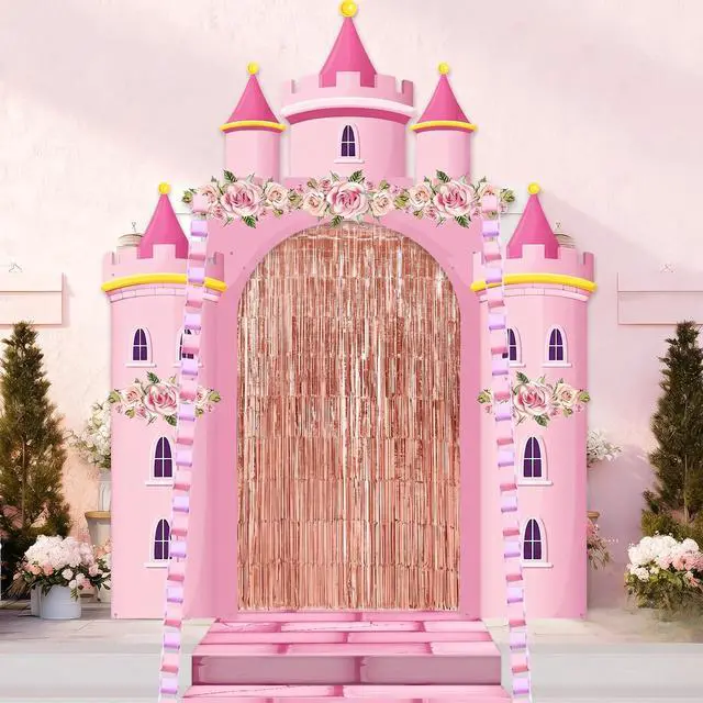Main image of 3D Princess Castle Photo Door Banner Pink Castle Party Decorations Princess Themed Birthday Hanging Backdrop with Paper Chains Fringe Curtain Pink Photo Booth Props for Girls Birthday Baby Shower