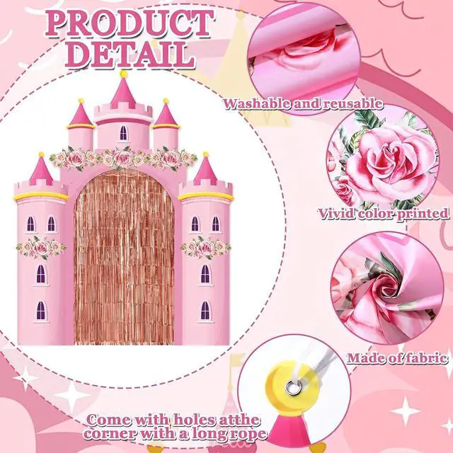 Alt view image 4 of 7 - 3D Princess Castle Photo Door Banner Pink Castle Party Decorations Princess Themed Birthday Hanging Backdrop with Paper Chains Fringe Curtain Pink Photo Booth Props for Girls Birthday Baby Shower