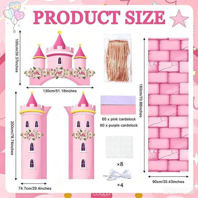 Alt view image 2 of 7 - 3D Princess Castle Photo Door Banner Pink Castle Party Decorations Princess Themed Birthday Hanging Backdrop with Paper Chains Fringe Curtain Pink Photo Booth Props for Girls Birthday Baby Shower