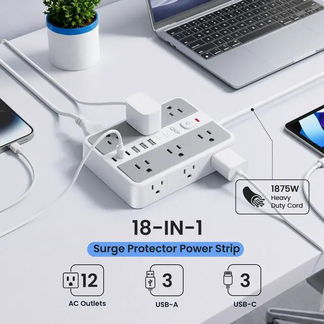 Alt view image 2 of 7 - 6 FT/ 2400J Surge Protector Power Strip, 12 Outlets, 6 USB (3 USB C) | 3 USB-A & 3 USB-C Ports, 1.7" Wide-Spaced Outlets2400J Surge Protection, 1875W/15A Flat Plug Extension Cord for Home, Office