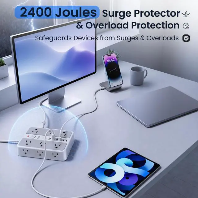 Alt view image 3 of 7 - 6 FT/ 2400J Surge Protector Power Strip, 12 Outlets, 6 USB (3 USB C) | 3 USB-A & 3 USB-C Ports, 1.7" Wide-Spaced Outlets2400J Surge Protection, 1875W/15A Flat Plug Extension Cord for Home, Office