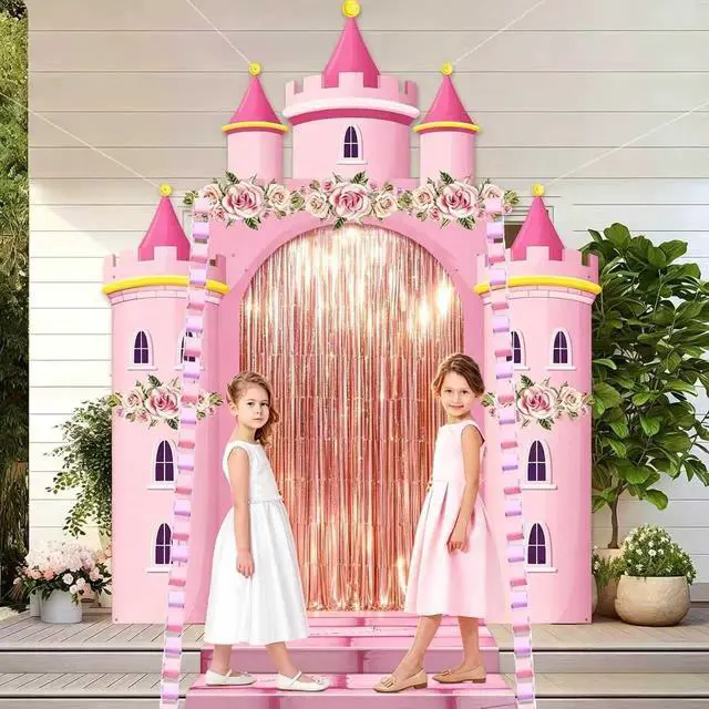 Alt view image 5 of 7 - 3D Princess Castle Photo Door Banner Pink Castle Party Decorations Princess Themed Birthday Hanging Backdrop with Paper Chains Fringe Curtain Pink Photo Booth Props for Girls Birthday Baby Shower