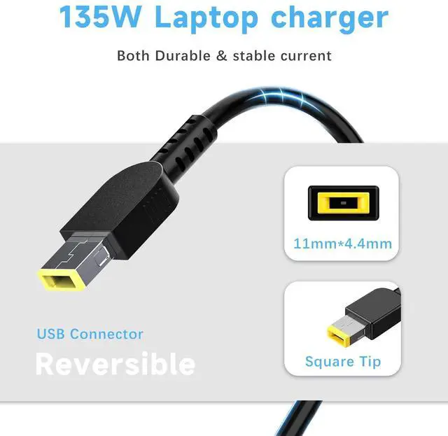 Alt view image 4 of 6 - 135W Laptop Charger Compatible with Lenovo IdeaPad AC Adapter | Compatible with 15ACH6 15ARH7 16IAH7 ThinkPad P15v P16v T15p Gen 1 2 3 ThinkBook 15p Yellow Square Slim Tip Power Cord Supply