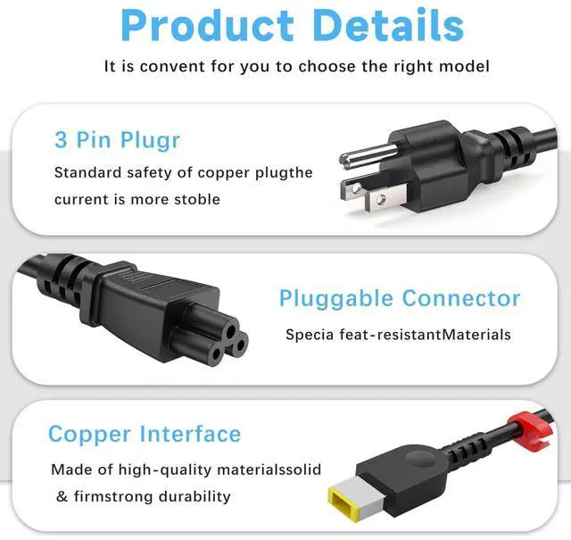 Alt view image 5 of 6 - 135W Laptop Charger Compatible with Lenovo IdeaPad AC Adapter | Compatible with 15ACH6 15ARH7 16IAH7 ThinkPad P15v P16v T15p Gen 1 2 3 ThinkBook 15p Yellow Square Slim Tip Power Cord Supply