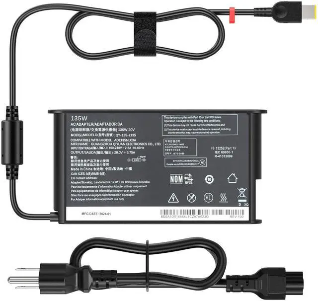 Alt view image 2 of 6 - 135W Laptop Charger Compatible with Lenovo IdeaPad AC Adapter | Compatible with 15ACH6 15ARH7 16IAH7 ThinkPad P15v P16v T15p Gen 1 2 3 ThinkBook 15p Yellow Square Slim Tip Power Cord Supply