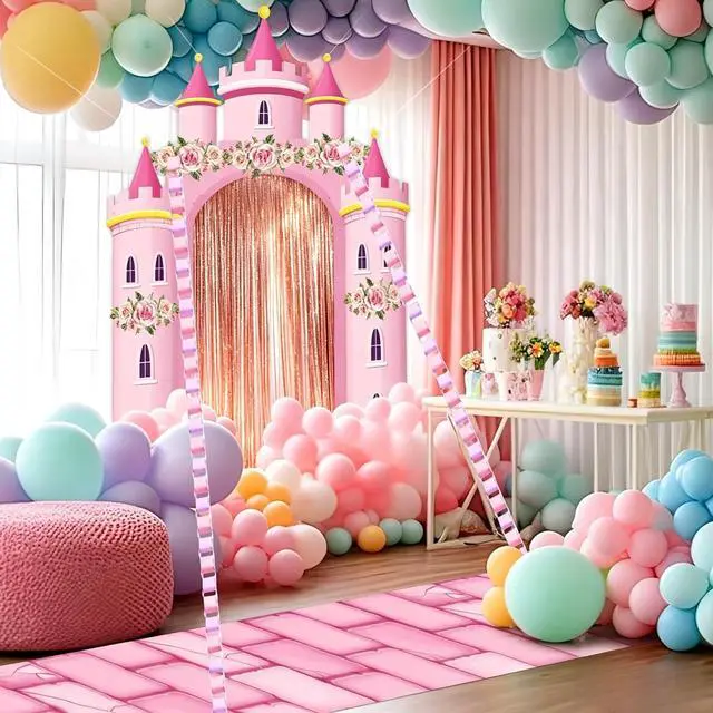 Alt view image 7 of 7 - 3D Princess Castle Photo Door Banner Pink Castle Party Decorations Princess Themed Birthday Hanging Backdrop with Paper Chains Fringe Curtain Pink Photo Booth Props for Girls Birthday Baby Shower