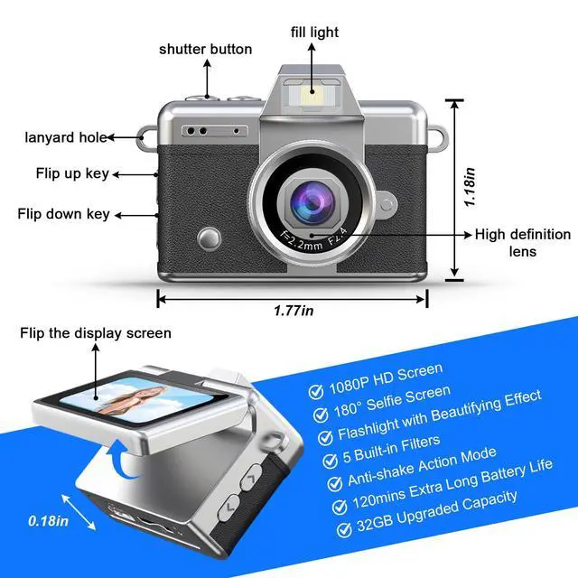 Alt view image 2 of 7 - Mini Keychain Camera HD Video Ultra-Compact Retro Digital Camera with 32GB SD Card USB Card Reader Adapter Portable Tiny Camera for Travel, Study, Daily Vlogging (Black)