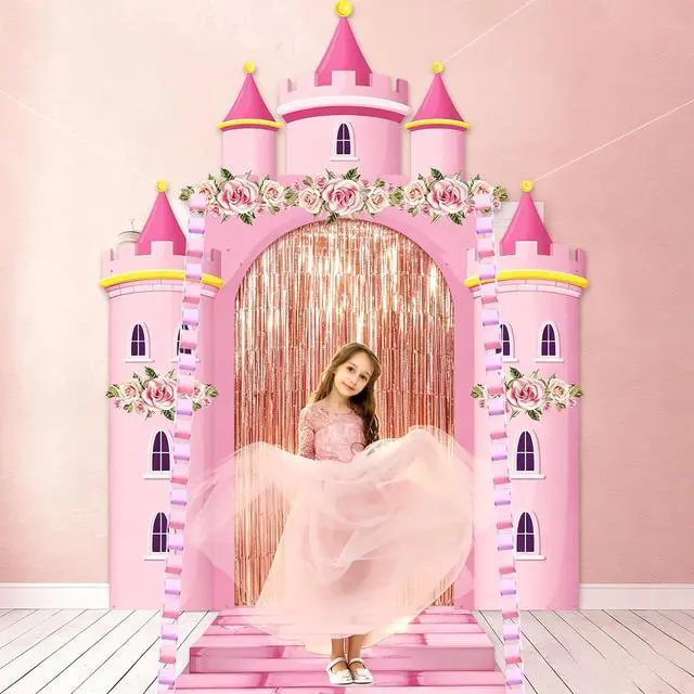 Alt view image 6 of 7 - 3D Princess Castle Photo Door Banner Pink Castle Party Decorations Princess Themed Birthday Hanging Backdrop with Paper Chains Fringe Curtain Pink Photo Booth Props for Girls Birthday Baby Shower