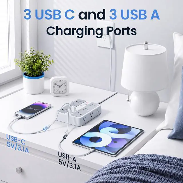 Alt view image 4 of 7 - 6 FT/ 2400J Surge Protector Power Strip, 12 Outlets, 6 USB (3 USB C) | 3 USB-A & 3 USB-C Ports, 1.7" Wide-Spaced Outlets2400J Surge Protection, 1875W/15A Flat Plug Extension Cord for Home, Office