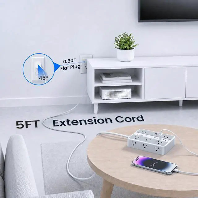 Alt view image 5 of 7 - 6 FT/ 2400J Surge Protector Power Strip, 12 Outlets, 6 USB (3 USB C) | 3 USB-A & 3 USB-C Ports, 1.7" Wide-Spaced Outlets2400J Surge Protection, 1875W/15A Flat Plug Extension Cord for Home, Office