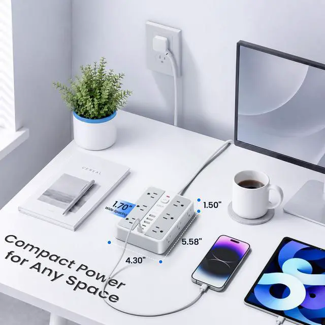 Alt view image 6 of 7 - 6 FT/ 2400J Surge Protector Power Strip, 12 Outlets, 6 USB (3 USB C) | 3 USB-A & 3 USB-C Ports, 1.7" Wide-Spaced Outlets2400J Surge Protection, 1875W/15A Flat Plug Extension Cord for Home, Office