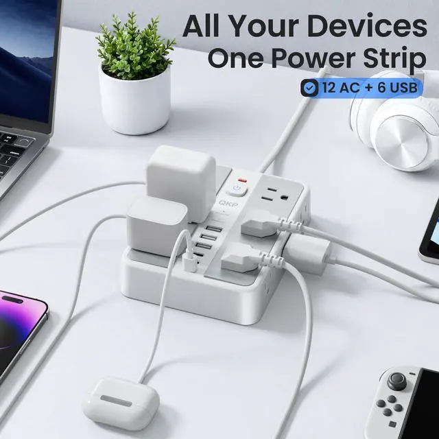 Alt view image 7 of 7 - 6 FT/ 2400J Surge Protector Power Strip, 12 Outlets, 6 USB (3 USB C) | 3 USB-A & 3 USB-C Ports, 1.7" Wide-Spaced Outlets2400J Surge Protection, 1875W/15A Flat Plug Extension Cord for Home, Office