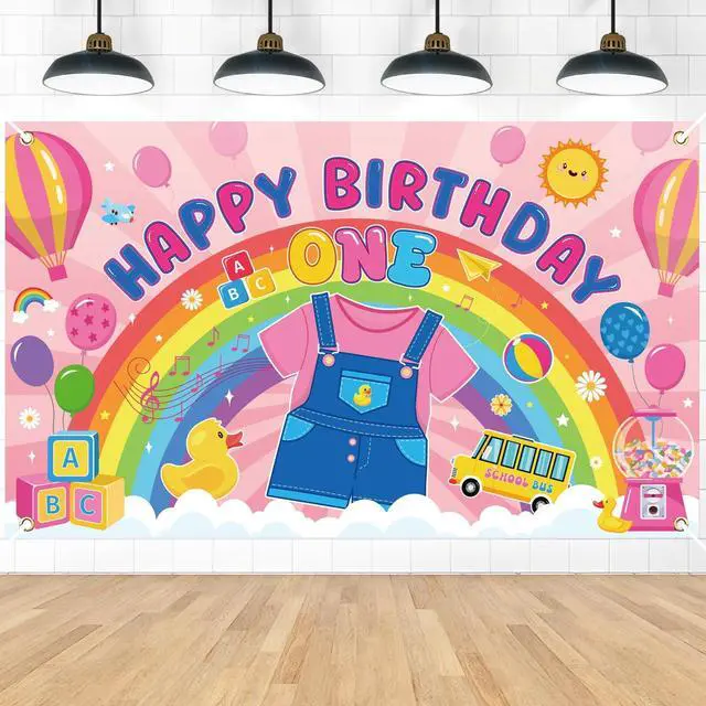 Main image of Rachell Teacher 1st Birthday Decorations - Cartoon English Teacher Happy Birthday Backdrop Banner Rachell Girls Rainbow ABC Photo Background for Fans 1 Year Old Birthday Party