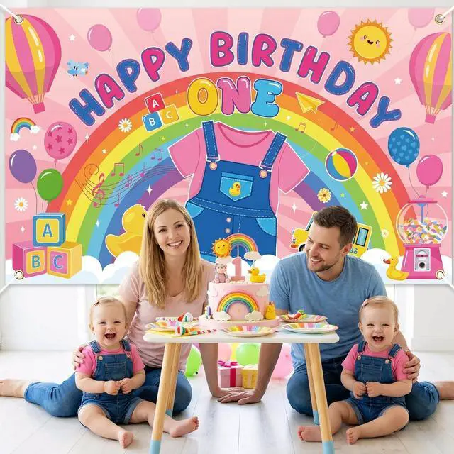 Alt view image 4 of 6 - Rachell Teacher 1st Birthday Decorations - Cartoon English Teacher Happy Birthday Backdrop Banner Rachell Girls Rainbow ABC Photo Background for Fans 1 Year Old Birthday Party