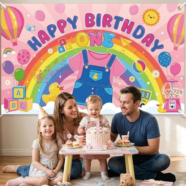 Alt view image 5 of 6 - Rachell Teacher 1st Birthday Decorations - Cartoon English Teacher Happy Birthday Backdrop Banner Rachell Girls Rainbow ABC Photo Background for Fans 1 Year Old Birthday Party