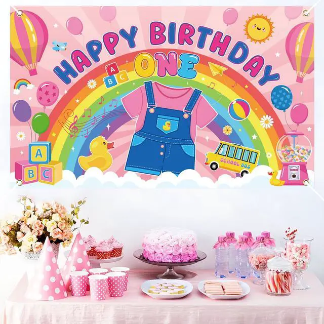 Alt view image 6 of 6 - Rachell Teacher 1st Birthday Decorations - Cartoon English Teacher Happy Birthday Backdrop Banner Rachell Girls Rainbow ABC Photo Background for Fans 1 Year Old Birthday Party